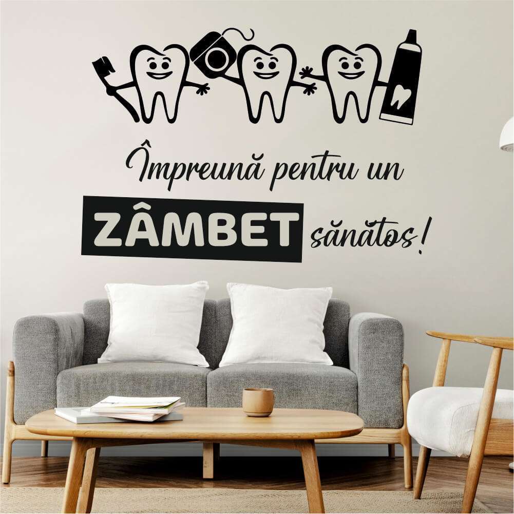 Sticker perete silueta Dintisori Impreuna pentru un ZAMBET sanatos wallsign 1