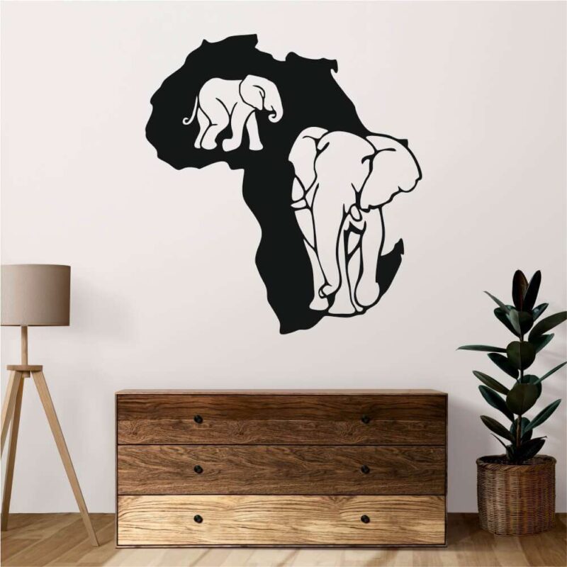 Sticker perete siluetă - Harta Africii - Cu elefanți