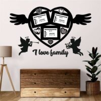Sticker perete siluetă - I love family cu îngerași și inimioare - ramă fotografie
