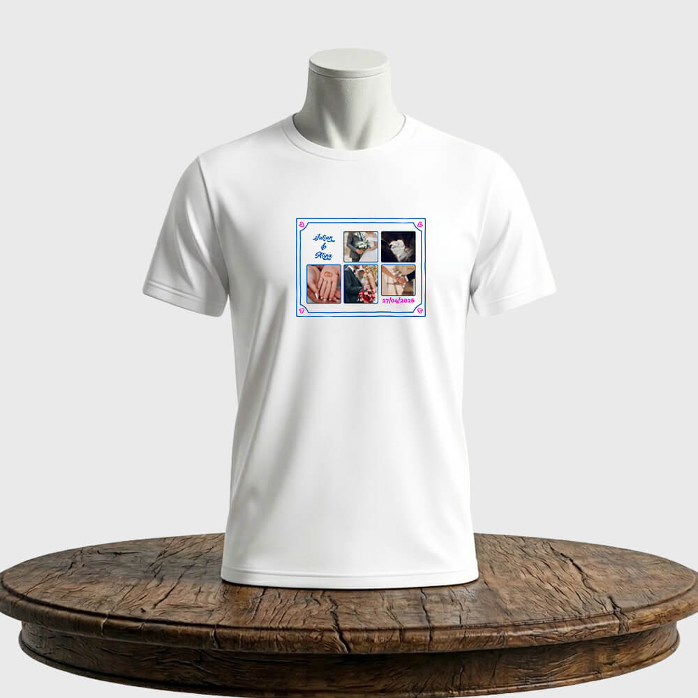 Tricou unisex clasic Nume & Nume personalizabil Amintiri de la nuntă 5 fotografii colaj + dată