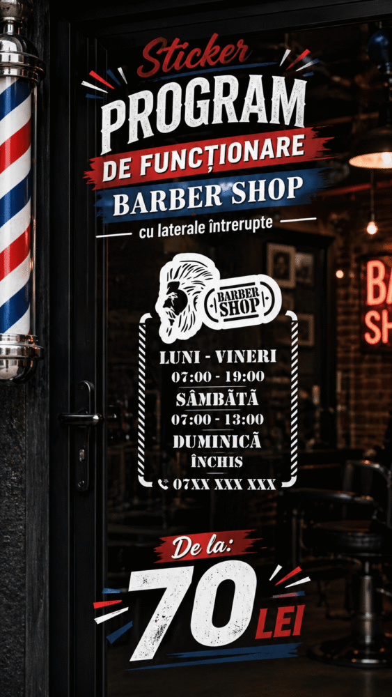 Sticker program de funcționare Barber shop cu laterale întrerupte - Soluții complete pentru afișarea programului de funcționare