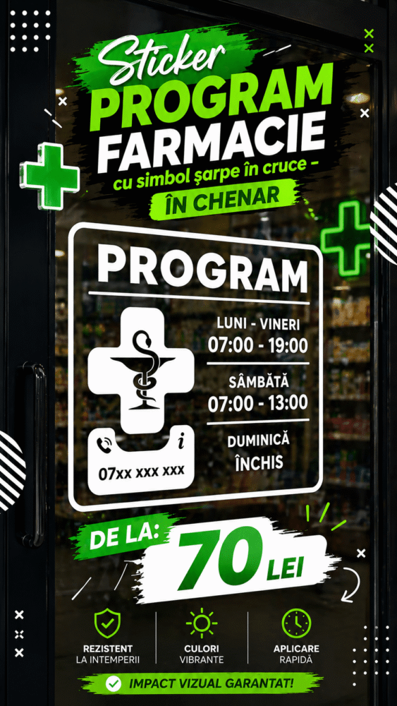 Sticker program farmacie cu simbol șarpe în cruce – În chenar - Soluții complete pentru afișarea programului de funcționare