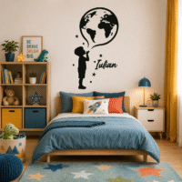 Sticker perete siluetă – Băiețel cu glob pământesc și nume personalizat