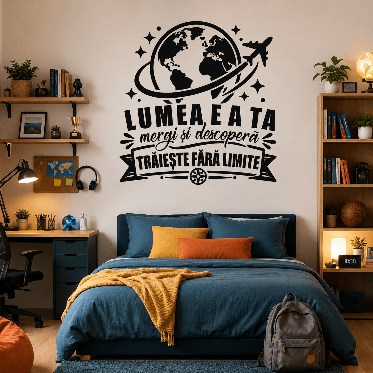 Sticker perete siluetă – Glob pământesc cu avion și citat motivațional