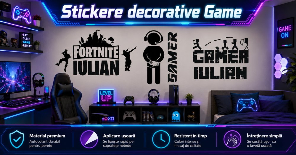 Stickere decorative Game stickere decorative perete gaming setup controller tastatură mecanică lumini rgb decor cameră băieți consolă playstation xbox pc gamer zonă