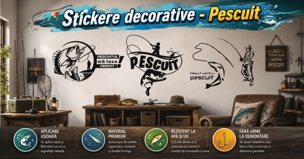 Stickere decorative Pescuit autocolante perete pesti crap somn stiuca accesorii barca pescari pasionati decoratiuni camere man cave pasiune amatori design interior modern