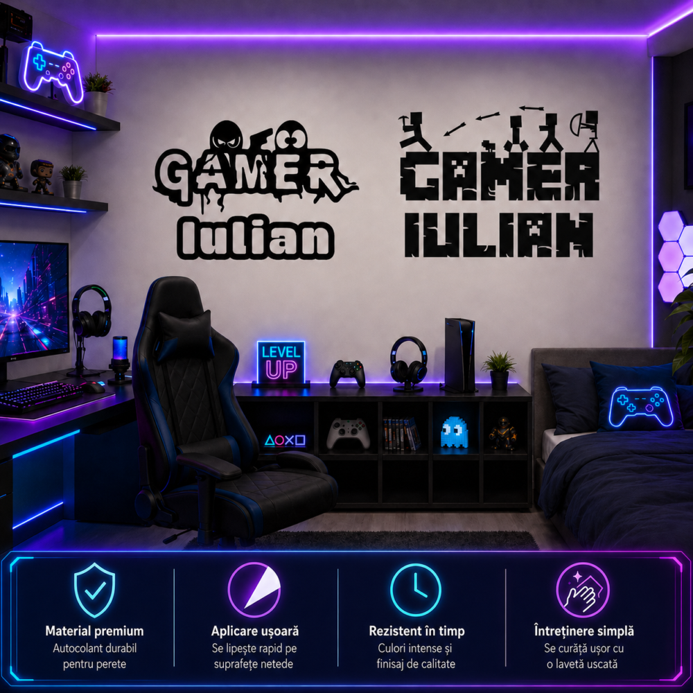 Stickere decorative autocolant perete jocuri video accesorii design interior mansardă tineri gaming room decoratiuni perete vinil cadou gameri nivel următor afișat