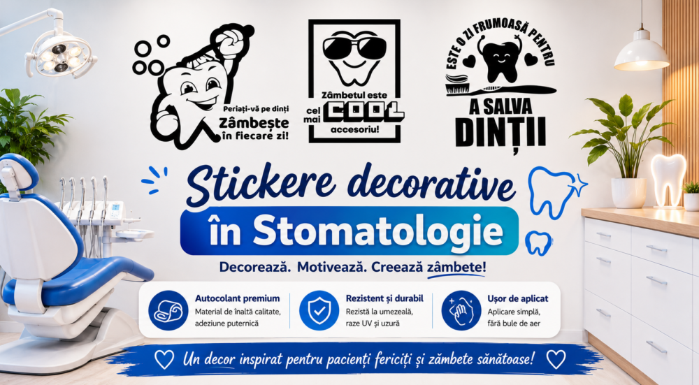 Stickere decorative în Stomatologie dinți veseli zână măseluță grafică modernă clinică stomatologică design interior personalizat amenajare sală așteptare copii adulți
