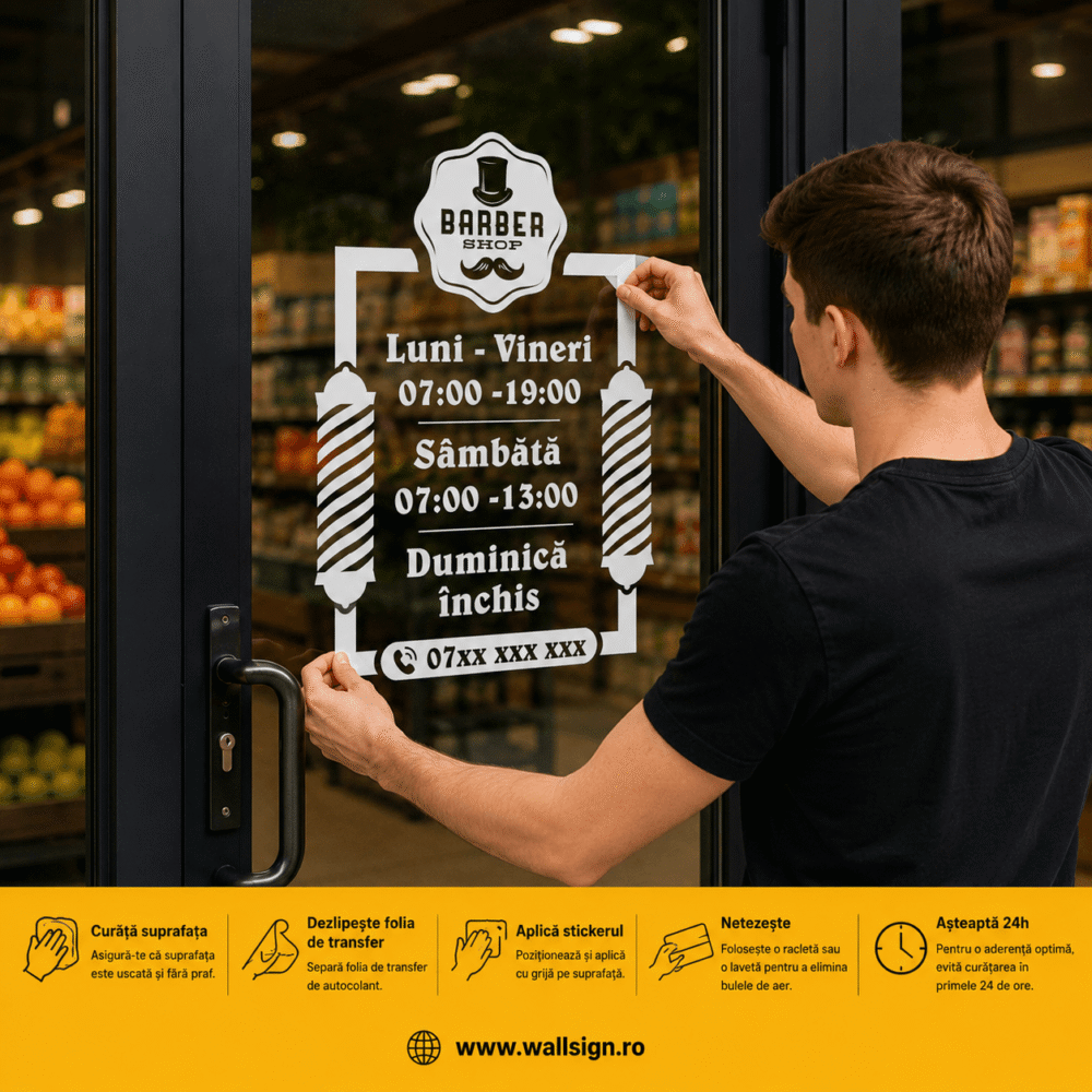 Afacerea ta merita un aspect premium Citeste un Sticker Program de Functionare Ghid de Aplicare si Montaj marca WallSign si aplica textul tau perfect pe vitrina magazinului