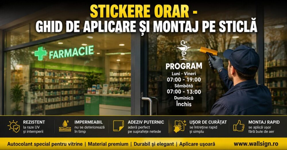 Afiseaza programul de functionare pe ușa din sticla intr un mod profesionist Citeste un Stickere Orar Ghid de Aplicare si Montaj pe Sticla marca WallSign acum