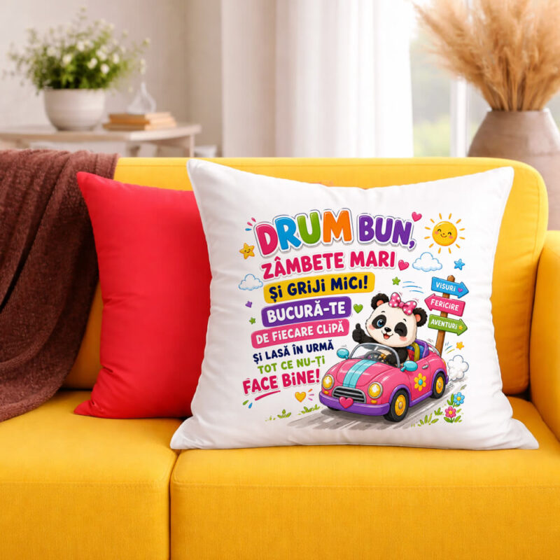 Față de Pernă Personalizată Drum bun, zâmbete mari și griji mici