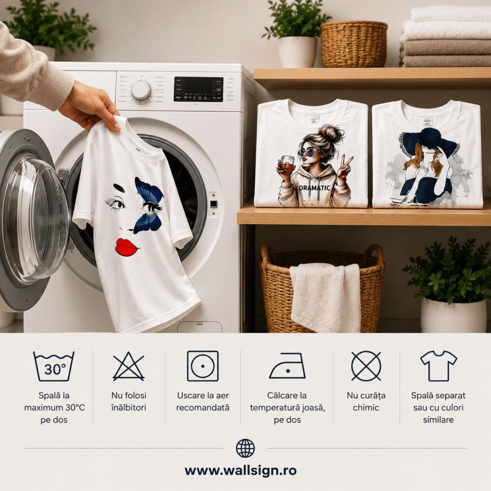 Ghid de îngrijire pentru tricouri personalizate pus la dispozitie de WallSign in Ramnicu Sarat Buzau si Bucuresti pentru a garanta durabilitatea imprimeurilor de pe textile