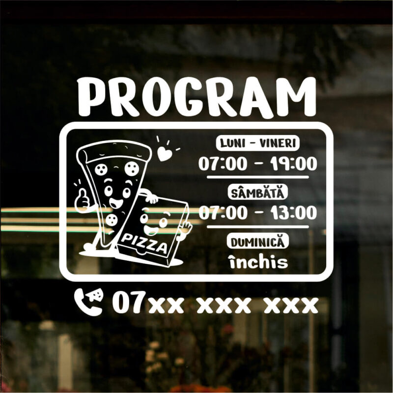 Sticker program de funcționare – Pizzerie cu felie și cutie pizza