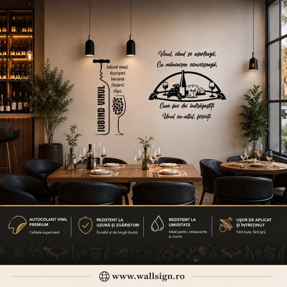 Alegeti stickere de perete premium special create pentru localuri HORECA Design modern decupat pe contur ce aduce un plus de eleganta si stil peretilor din crama ta