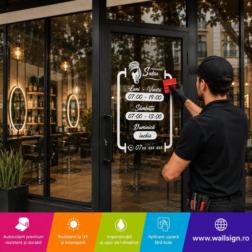 Aplica un orar sticker decupat pe contur din vinil de pe wallsign ro urmarind acesti pasi simpli care garanteaza eliminarea bulelor si o rezistenta maxima in timp