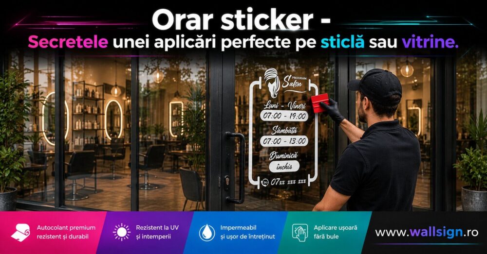 Orar sticker secretele unei aplicari perfecte pe sticla sau vitrine se bazeaza pe o curatare riguroasa si pe folosirea corecta a foliei transparente de transfer pe usa