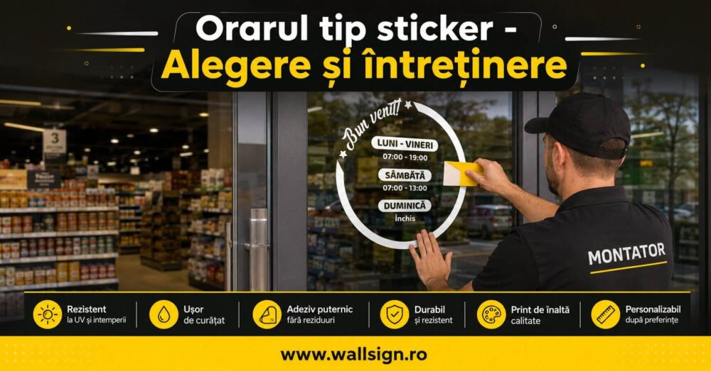 Orarul tip sticker Alegere și întreținere Stickere decorative pentru vitrine comerciale moderne rezistente la intemperii aplicare facilă pe geamuri curățate perfect in prealabil