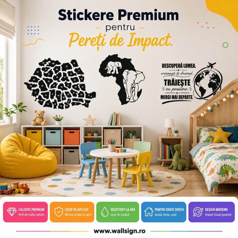 Schimba rapid atmosfera din casa ta cu stickere de perete de impact rezistente si usor de aplicat ideale pentru a adauga personalitate si stil modern fiecarui dormitor