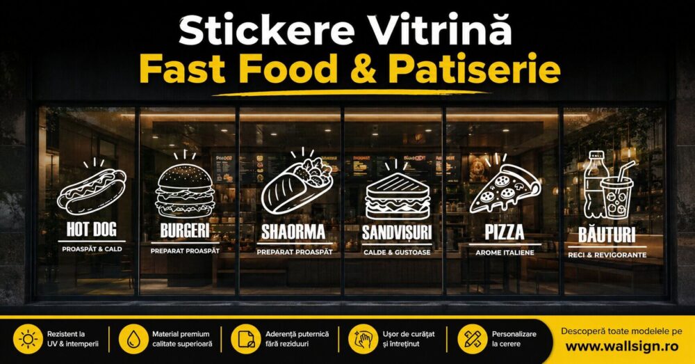 Stickere Vitrină Fast Food Patiserie reprezintă soluția ideală pentru a decora geamurile spațiului dumneavoastră comercial oferind un aspect modern curat și foarte atractiv