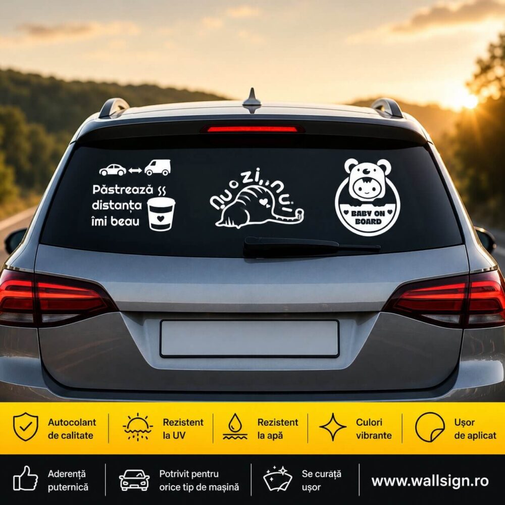 Stickere auto Accente unice pentru mașina ta sunt fabricate din vinil premium rezistent la intemperii și spălări repetate oferind un montaj simplu fără bule de aer