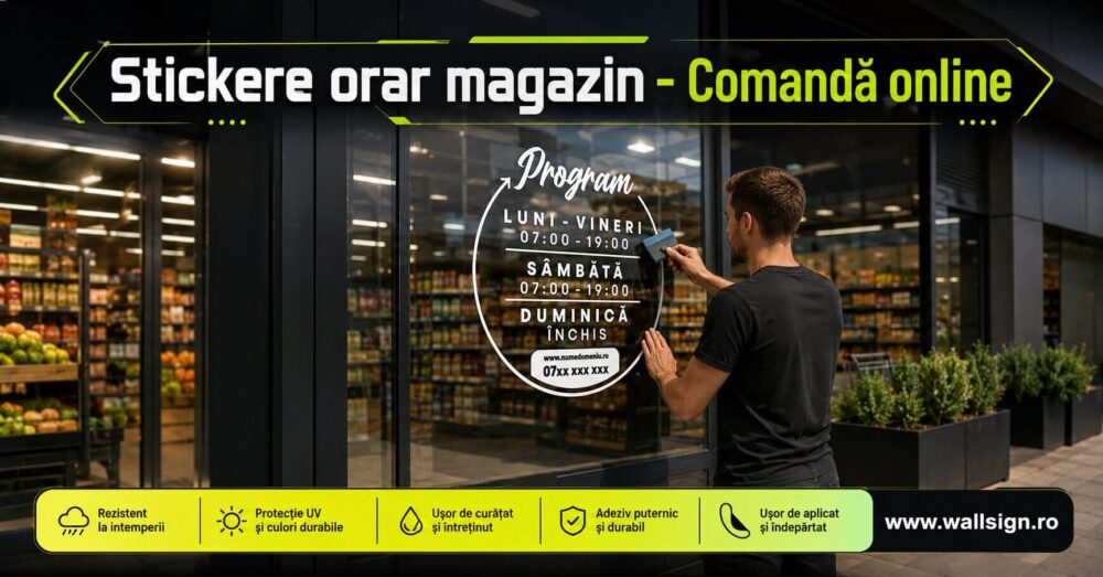 Stickere orar magazin Comandă online decupate pe contur la cutter plotter din vinil premium rezistent la intemperii pentru vitrine elegante și vizibilitate maximă afaceri