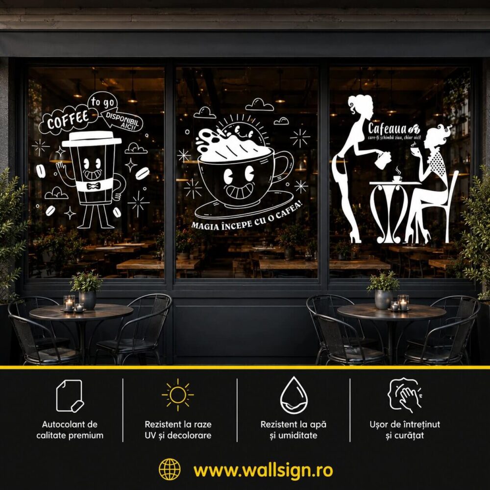 Stickerele pentru cafenele oferă vizibilitate maximă și rezistență pe vitrine fiind ideale pentru spații comerciale care doresc un aspect modern curat și atrăgător