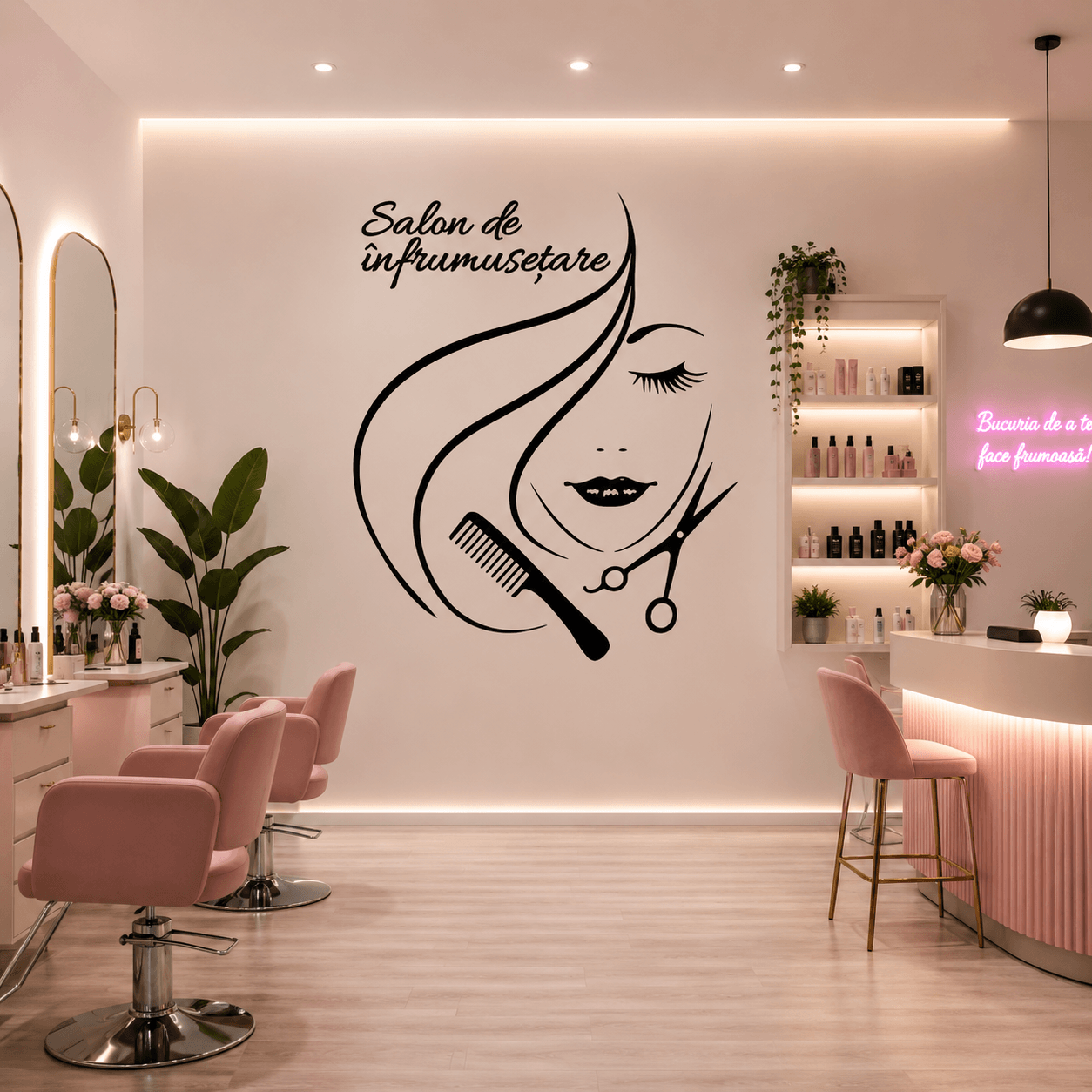 Sticker decorativ perete siluetă Salon de Înfrumusețare Foarfecă și Pieptene