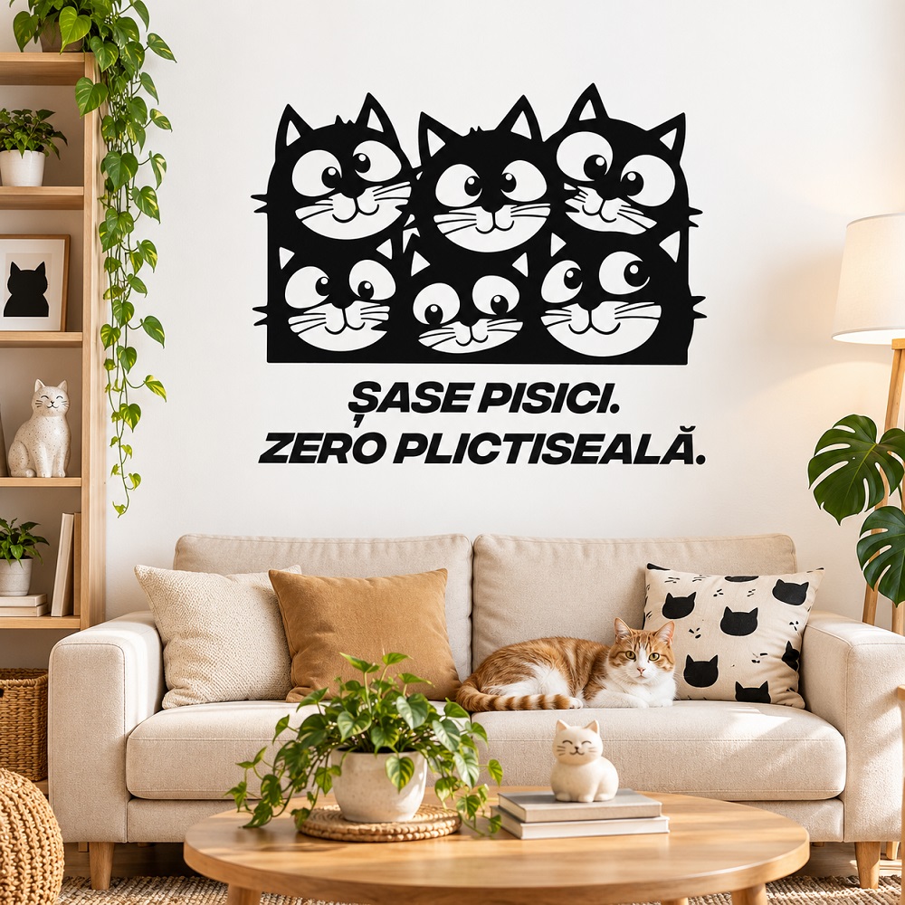 Sticker decorativ perete - Șase pisici, zero plictiseală